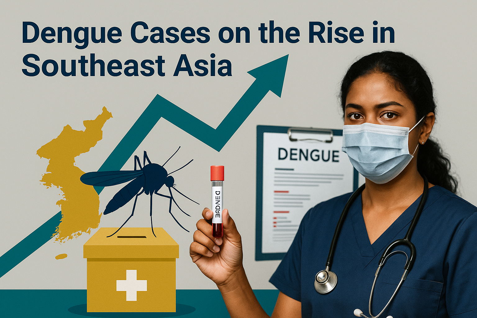 Banner image illustrating rising dengue cases in Southeast Asia with healthcare worker, mosquito, and Southeast Asia map