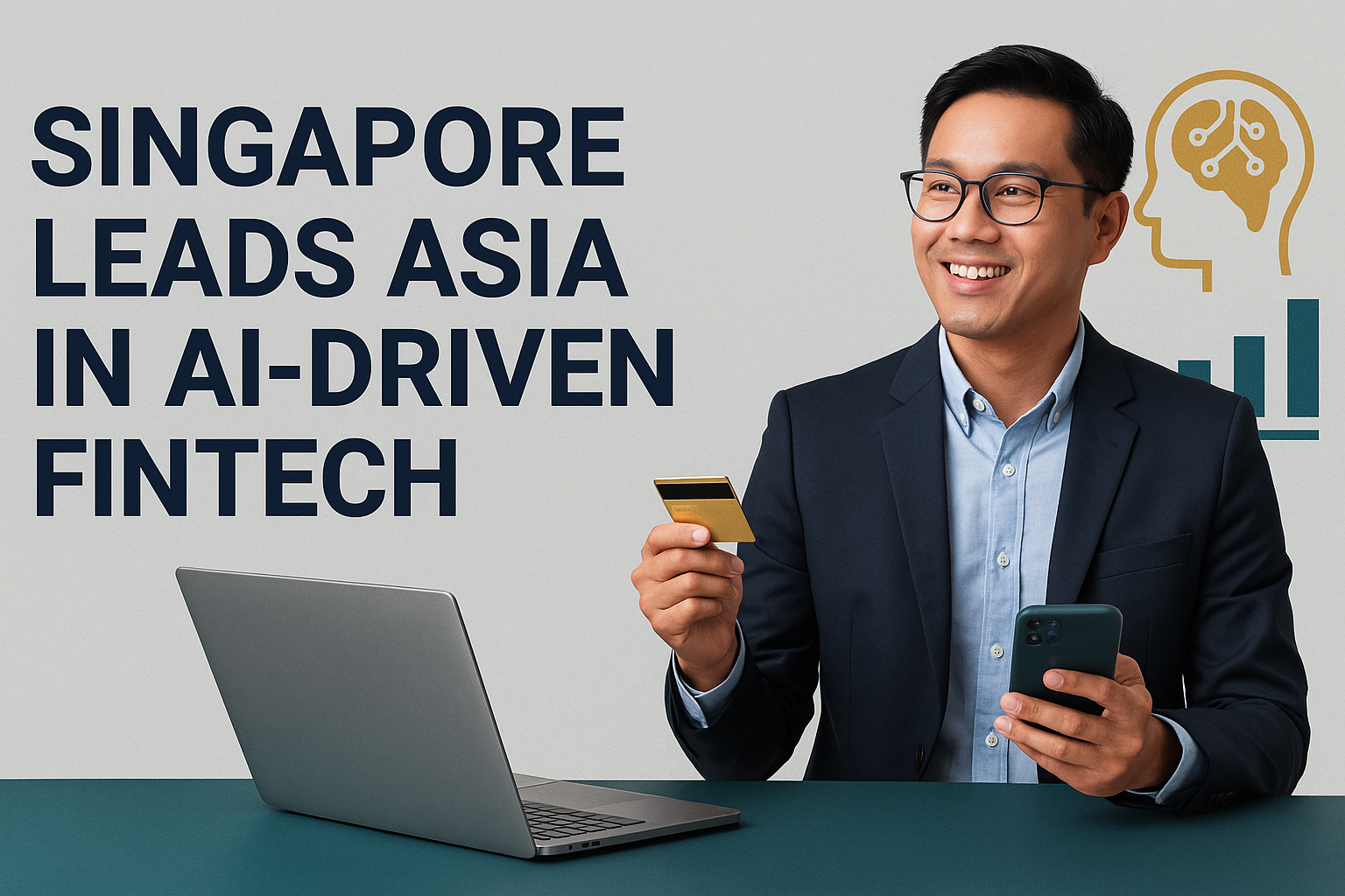 Banner image for Singapore AI fintech innovation featuring a smiling professional holding a credit card and smartphone, with AI and fintech graphics in brand colors of navy, teal, gold, and gray.