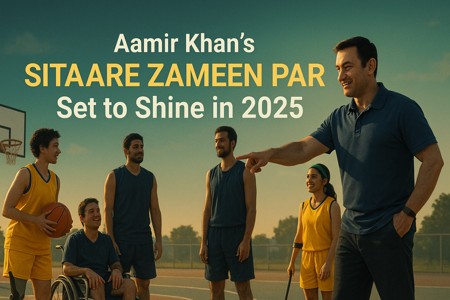 Aamir Khan coaching a diverse basketball team on court, promoting the film Sitaare Zameen Par Aamir Khan 2025 and its message of inclusion.