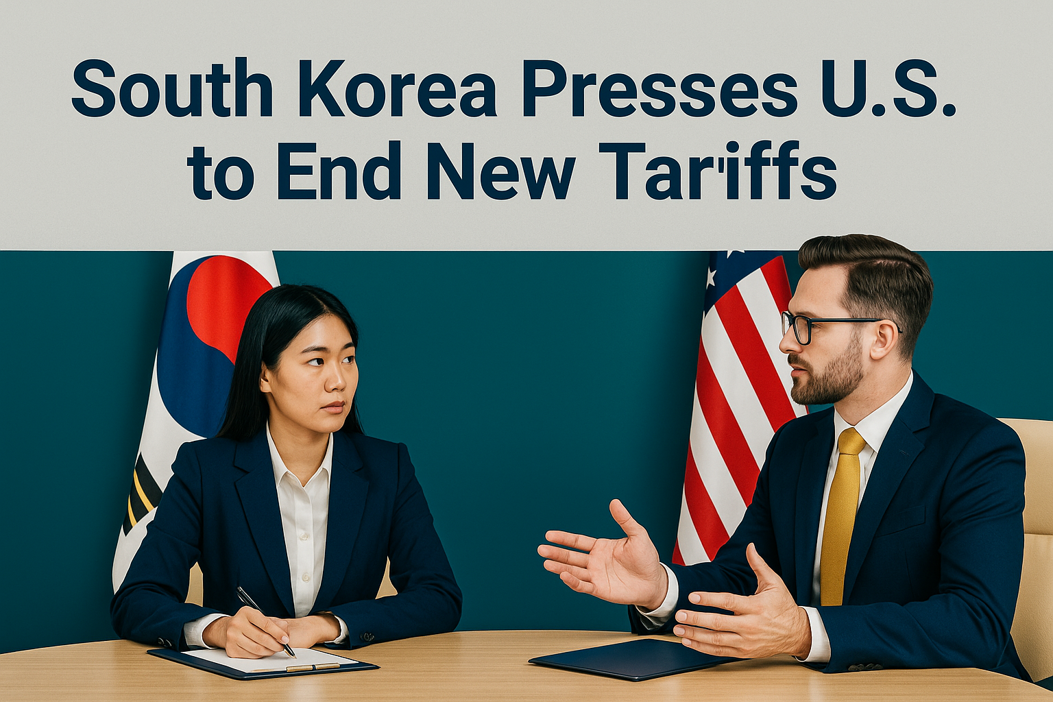 South Korean and U.S. trade officials in formal discussion with flags in background — South Korea U.S. tariffs dispute