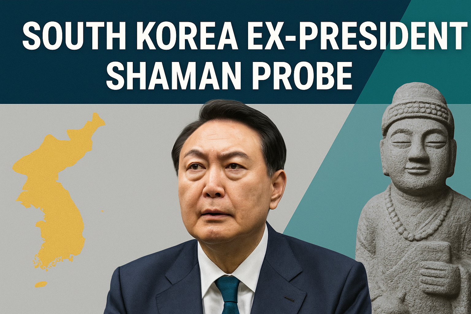 South Korea ex-president shaman probe banner — featuring Yoon Suk Yeol, a gold map of Korea, and a traditional shaman statue with brand colors navy, soft gold, light gray, and teal.