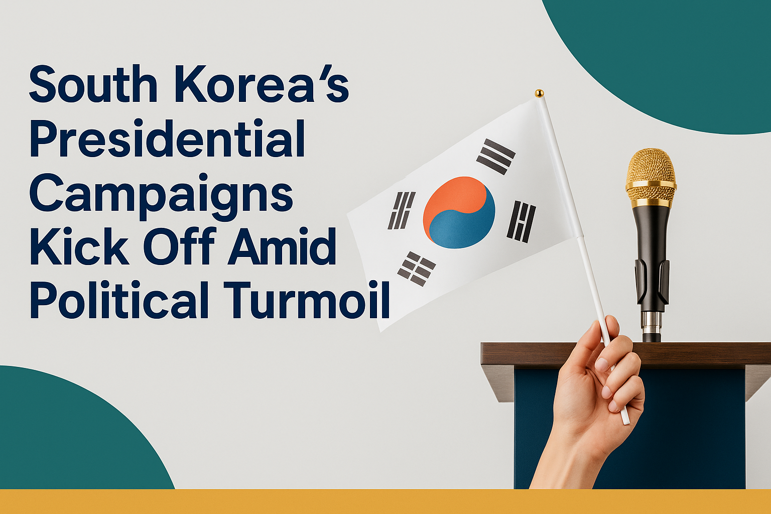 A podium with a gold microphone and a hand holding the South Korean flag, symbolizing the start of South Korea presidential election 2025 campaigns.