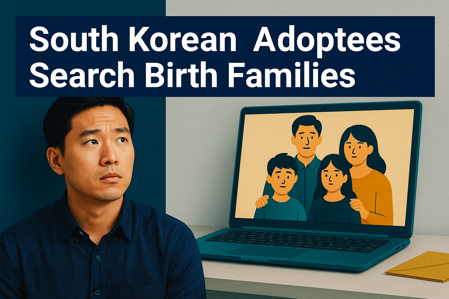 Banner image showing a South Korean man beside a laptop displaying a family portrait, symbolizing the emotional journey as South Korean adoptees search birth families.