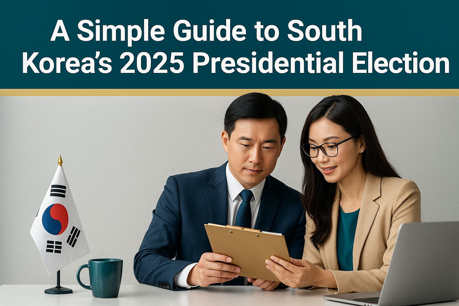 Business professionals discussing South Korea's 2025 presidential election beside a Korean flag and laptop with title banner in bold white Roboto font.
