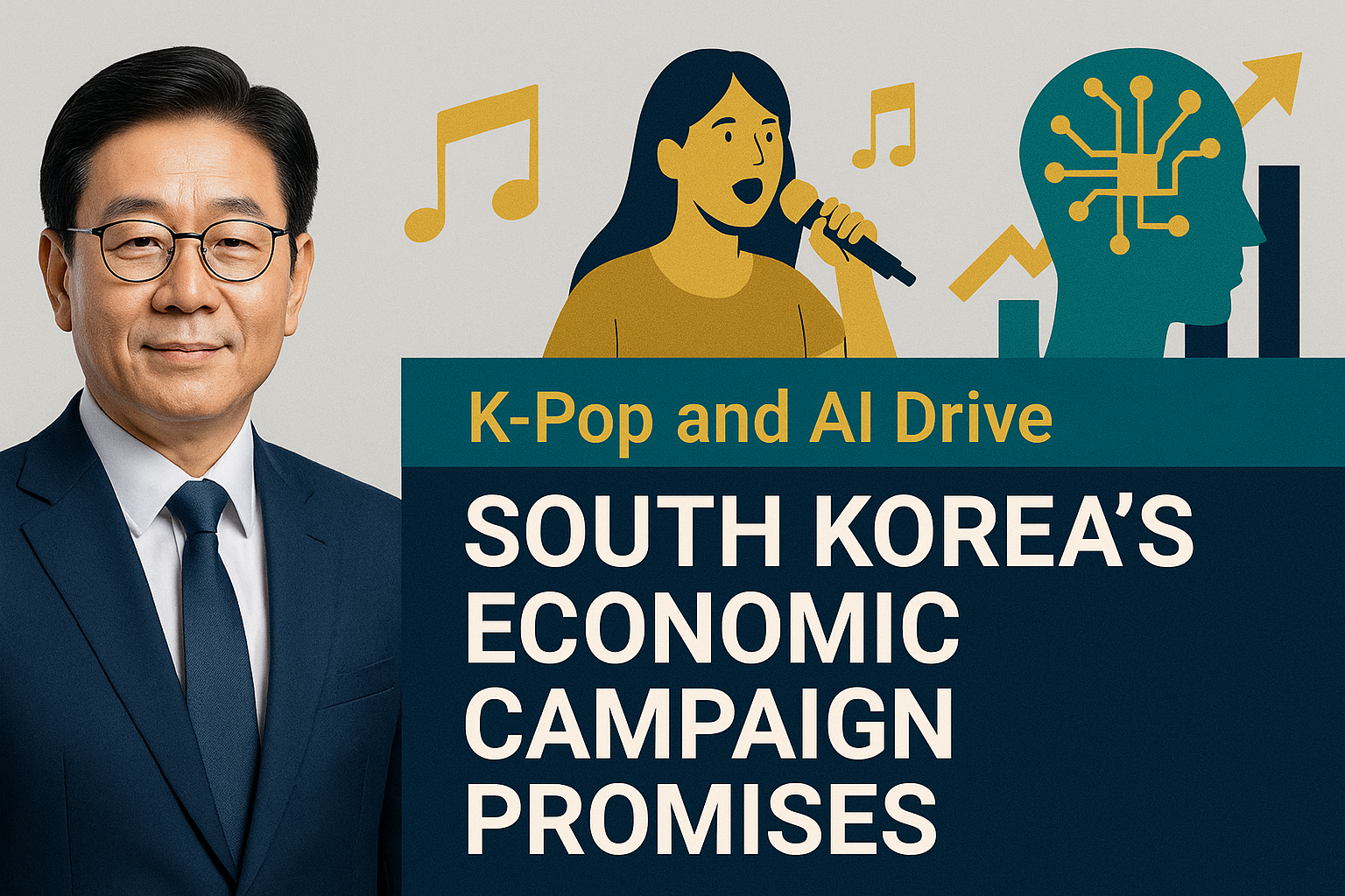 Banner image for South Korea economic campaign promises article, featuring K-pop, AI graphics, and a confident politician with navy blue and gold accents.