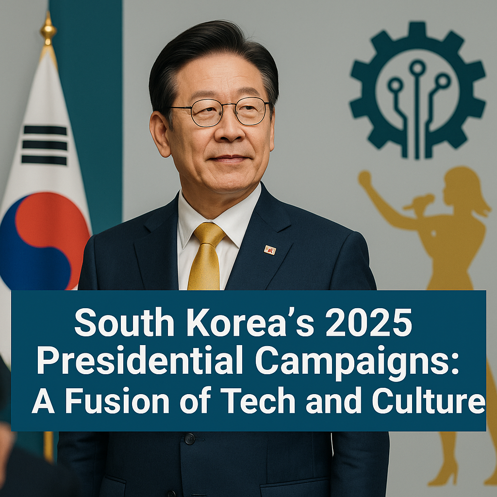 Banner image for South Korea's presidential campaigns economic growth article, featuring a candidate in a navy suit with visuals representing K-pop and AI technology in the background.