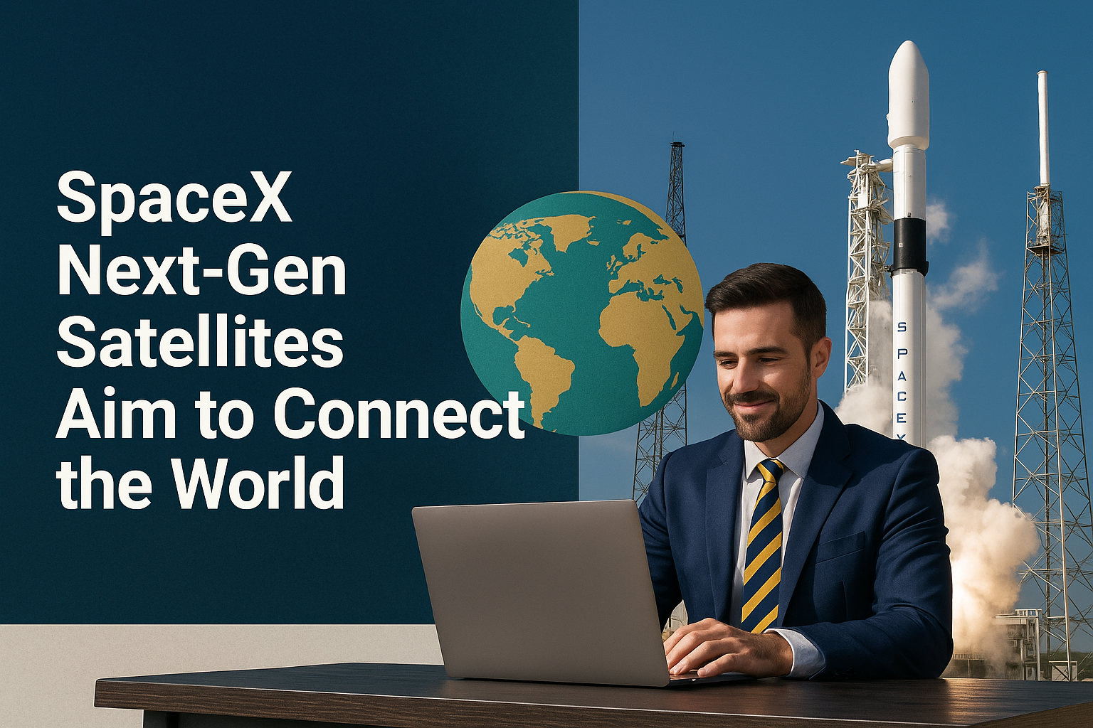 Falcon 9 rocket prepares for SpaceX satellite launch 2025 with a business professional working on a laptop, symbolizing global internet connectivity.