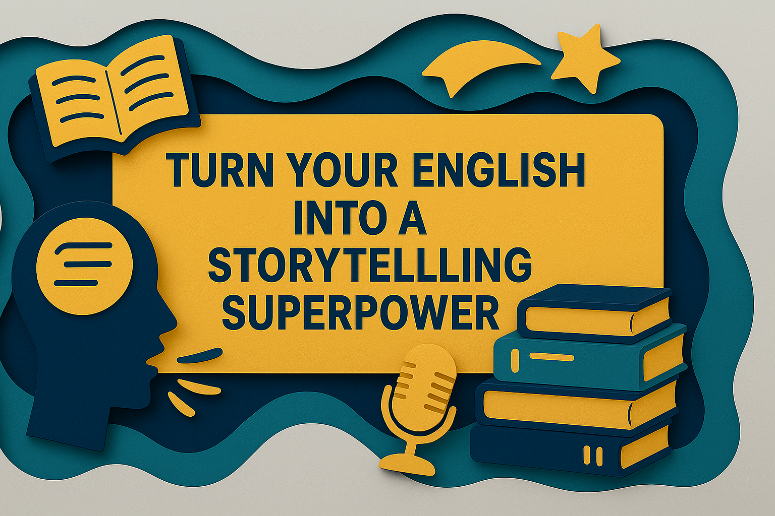 3D paper cut style illustration promoting storytelling in English, featuring books, a microphone, a speaking silhouette, and the title 'Turn Your English into a Storytelling Superpower' in bold navy blue text.
