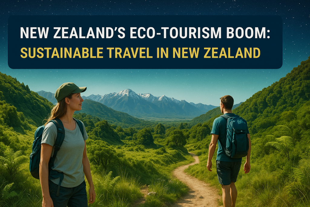 Two eco-tourists hiking through lush green mountains in New Zealand, highlighting sustainable travel in New Zealand.