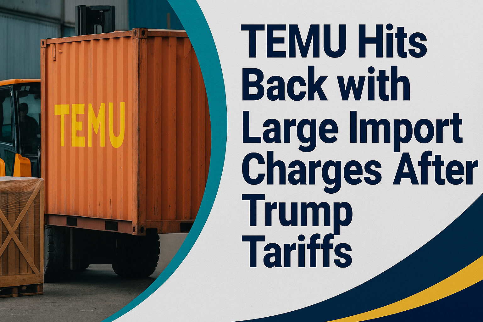 TEMU import charge after Trump tariffs — bold headline beside an orange TEMU shipping container being transported by forklift, illustrating rising trade tensions.