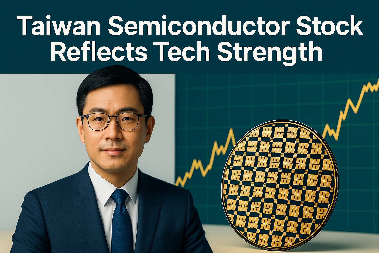 Banner image for TSMC stock performance 2025 article, featuring a semiconductor executive, chip wafer, and rising stock chart to reflect Taiwan’s tech strength.