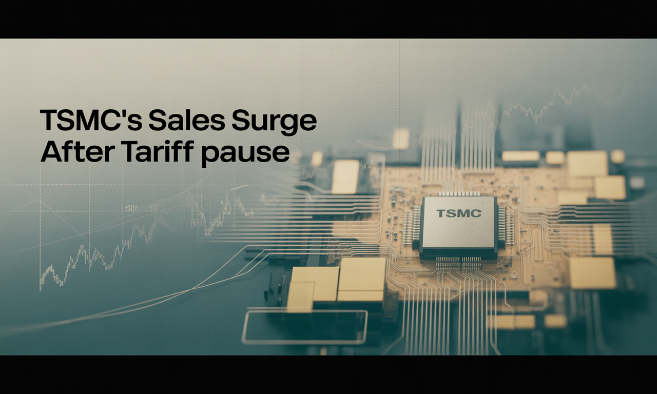 Banner image for article titled 'TSMC's Sales Surge After Tariff Pause' showing a stylized microchip labeled TSMC, overlaid with financial growth charts—illustrating the TSMC sales surge after tariff pause