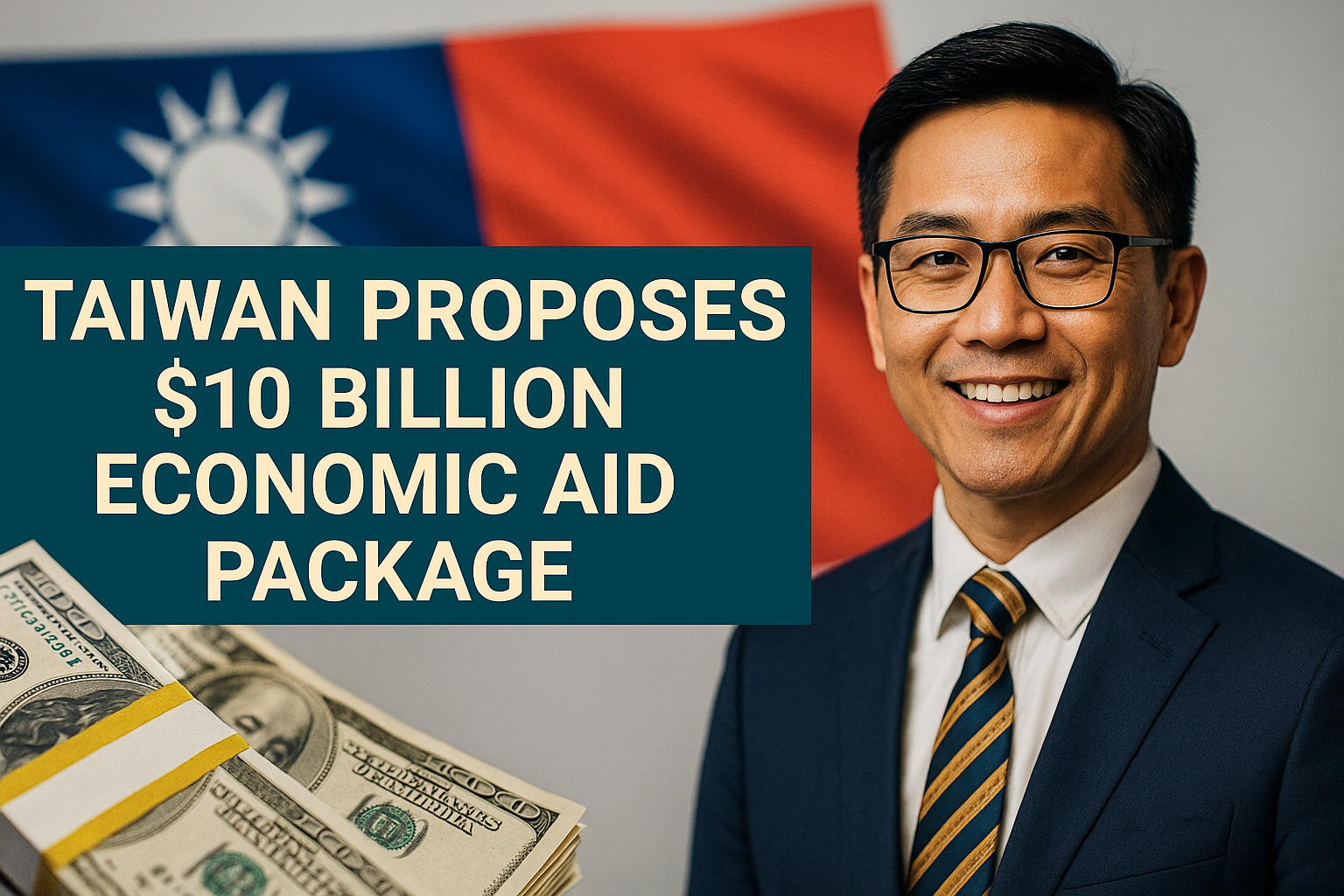 Banner image featuring a professional man in a navy suit and glasses standing in front of a Taiwanese flag, with U.S. dollars in the foreground and the text “Taiwan Proposes $10 Billion Economic Aid Package.” Focus keyphrase: Taiwan $10 billion aid package.