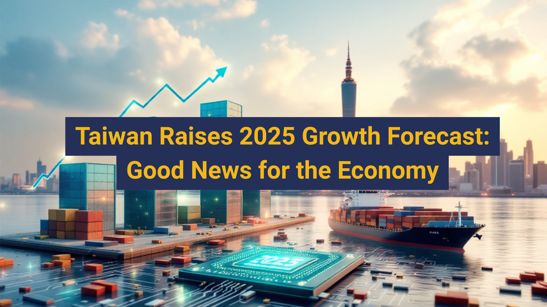 Banner image showing Taiwan’s 2025 economic growth forecast with rising charts, a shipping port, semiconductor visuals, and the Taipei skyline; text overlay reads “Taiwan Raises 2025 Growth Forecast: Good News for the Economy”.