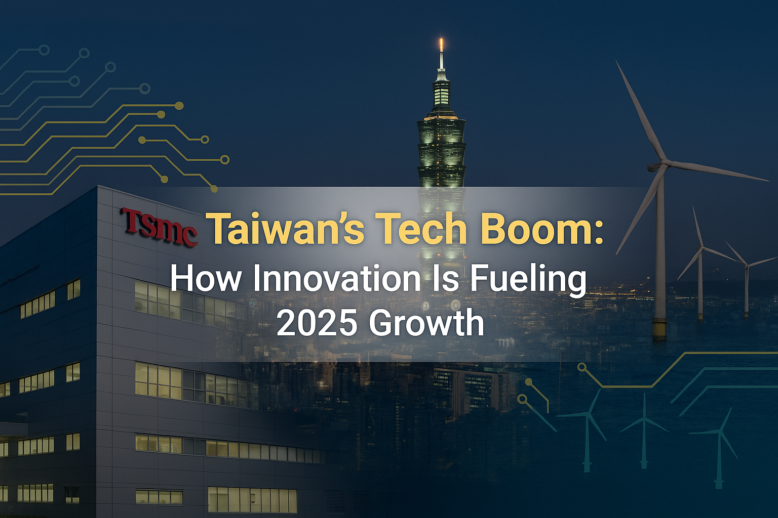 Banner image illustrating Taiwan’s tech-driven economy in 2025, with Taipei 101, TSMC headquarters, offshore wind turbines, and digital circuit graphics.
