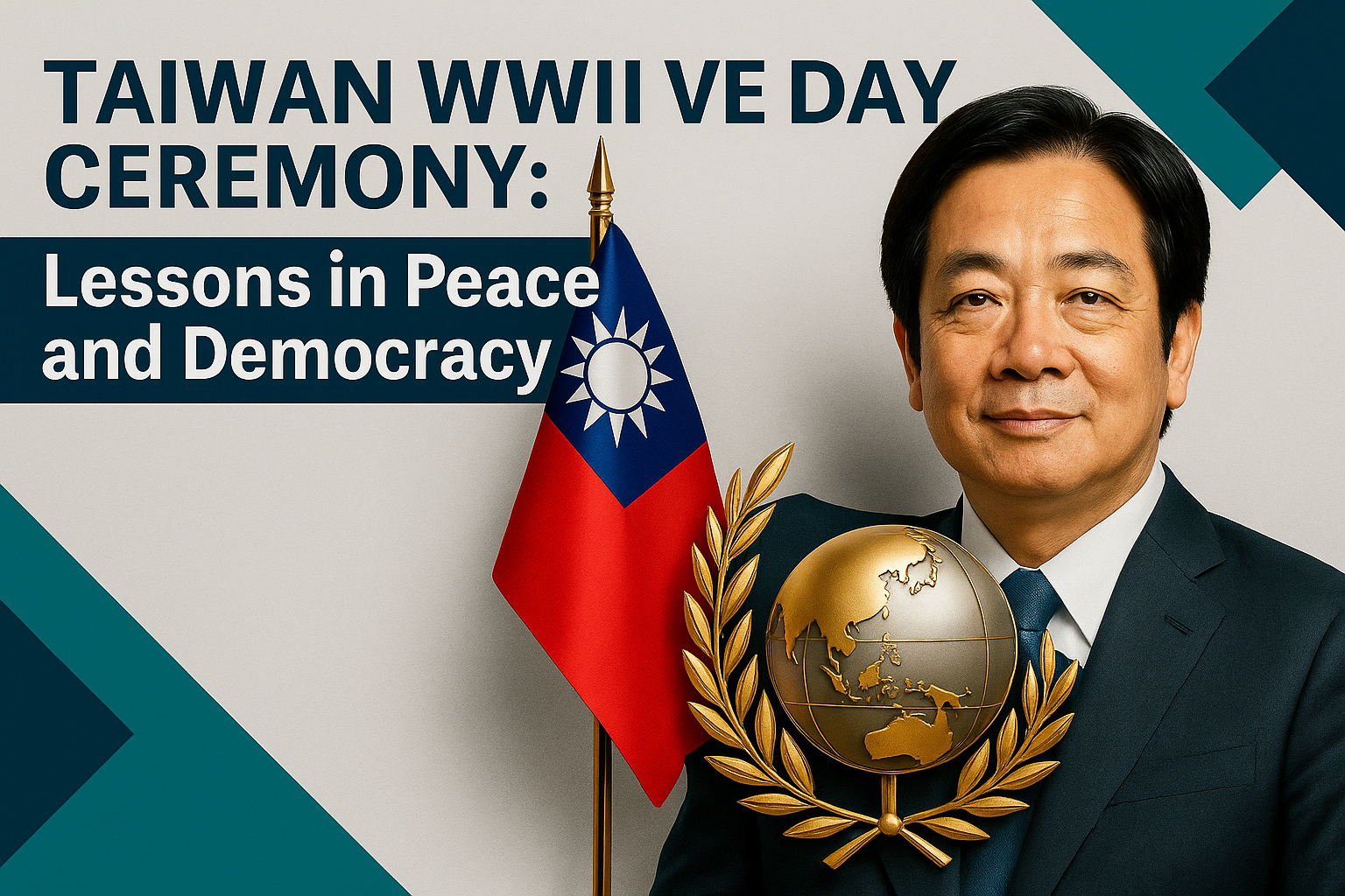 Taiwan WWII VE Day ceremony banner — featuring President Lai Ching-te, Taiwan’s flag, and a golden globe with laurel wreath in a wide-format design using navy, teal, soft gold, and light gray