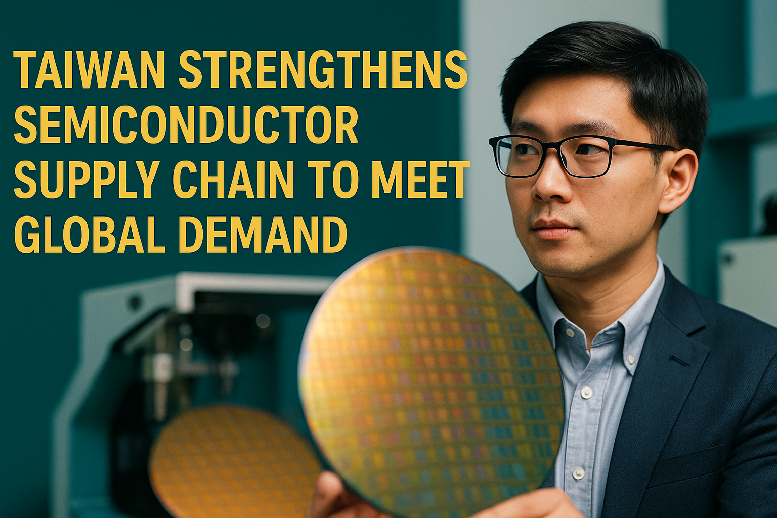 Photographic banner showing a Taiwanese tech professional examining a silicon wafer, representing Taiwan semiconductor supply chain 2025 efforts to meet global demand. Background includes modern chipmaking equipment and brand colors with bold headline text.