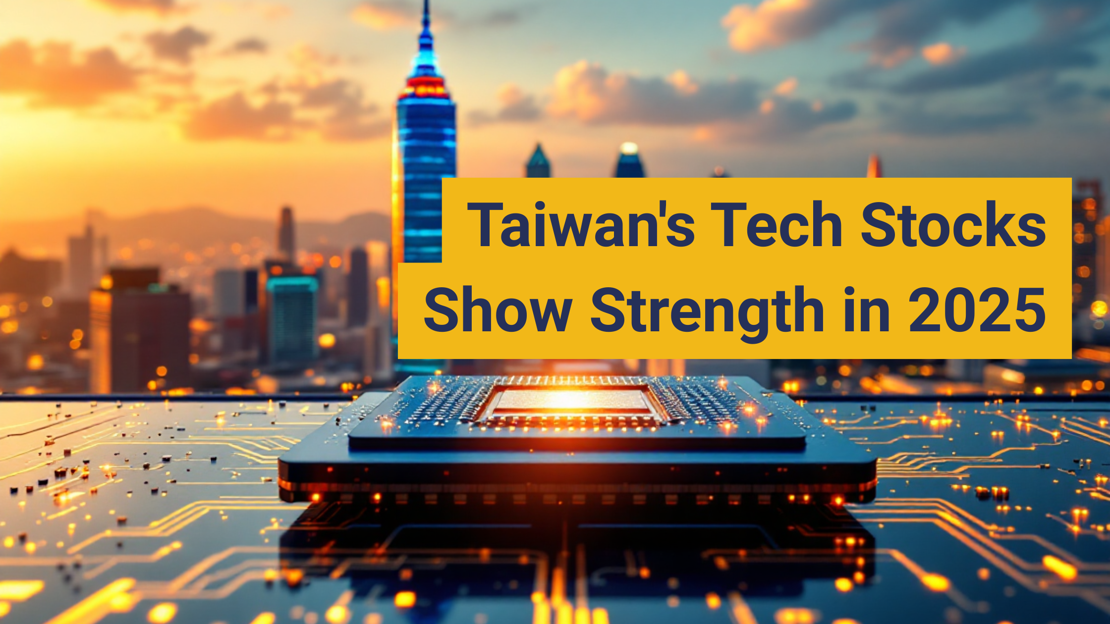 Photographic banner image showing a glowing semiconductor chip with Taiwan’s city skyline in the background, symbolizing the rise of Taiwan tech stocks in 2025; text overlay reads “Taiwan's Tech Stocks Show Strength in 2025”