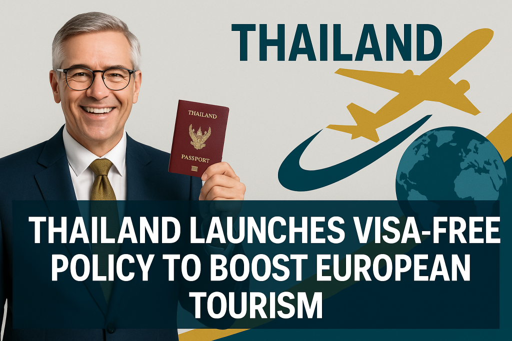 Business-themed banner highlighting Thailand visa-free tourism policy with a European traveler holding a Thailand passport, featuring navy, soft gold, teal, and light gray branding.
