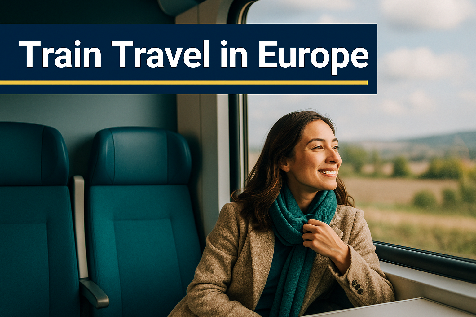 Smiling woman enjoying train travel in Europe, sitting beside teal seats and scenic countryside views, representing the comfort and charm of European rail journeys.
