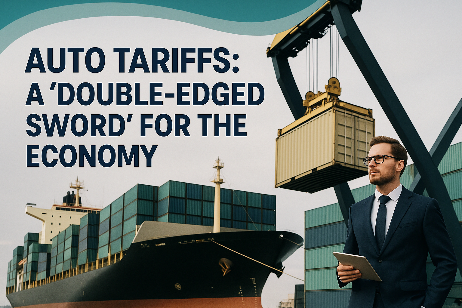 A businessman at a shipping port stands in front of a cargo ship and crane lifting a container, symbolizing the Trump auto tariffs economic debate over trade and manufacturing.