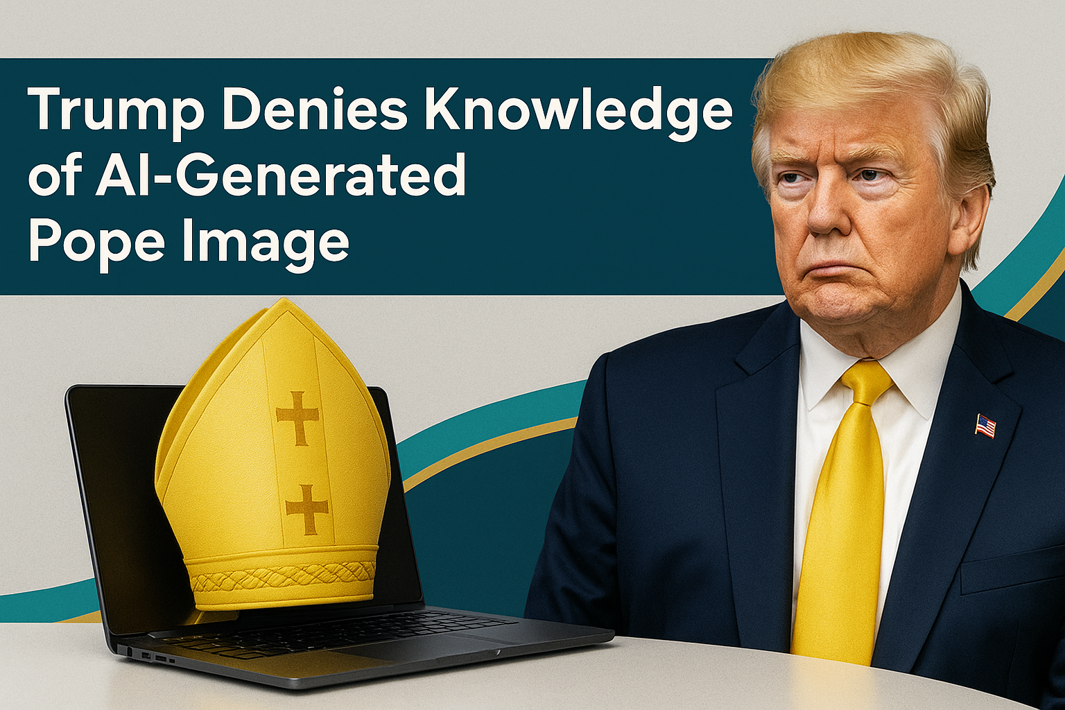 Banner image showing Trump beside a laptop with a bishop's mitre, symbolizing the Trump AI pope image controversy.