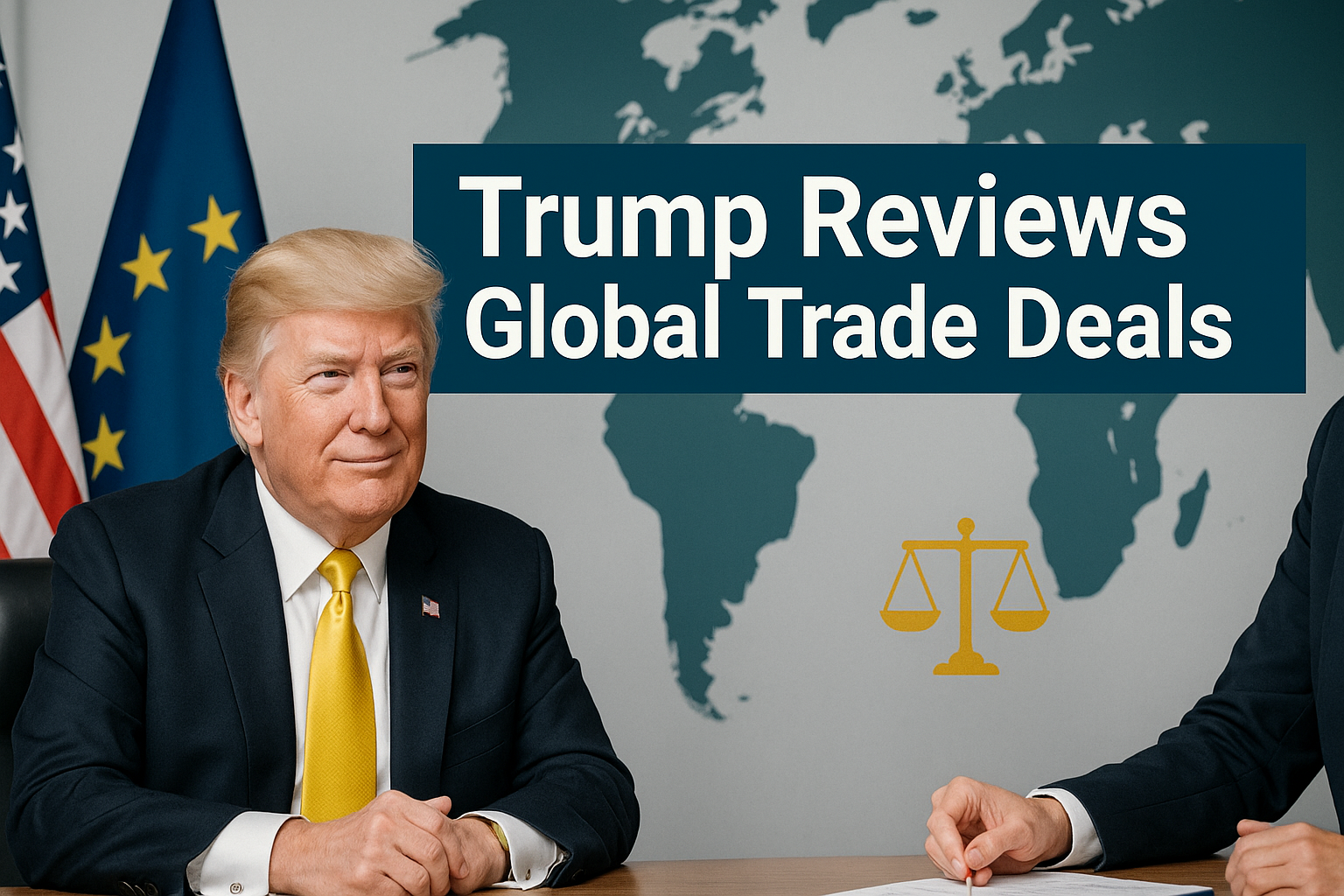 Photographic banner with the headline “Trump Reviews Global Trade Deals,” showing a suited man in front of U.S. and EU flags with a world map backdrop, representing international policy discussions.