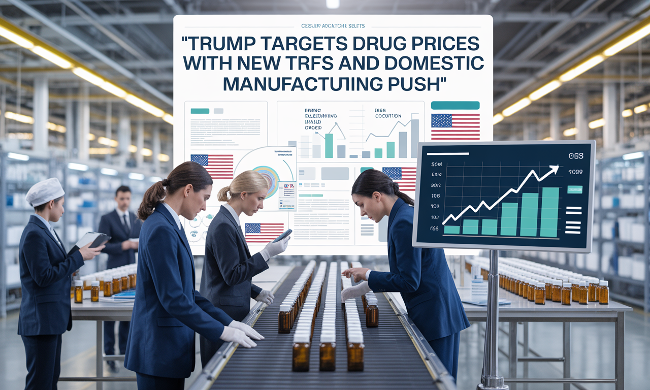 Pharmaceutical professionals inspecting medicine bottles in a U.S. lab with rising costs displayed, symbolizing domestic production as Trump targets drug prices.