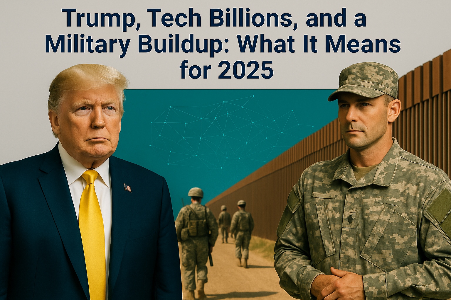 Banner image for Trump Tech Military 2025 featuring Donald Trump, a U.S. soldier, and a border wall, symbolizing tech investment and military buildup themes.