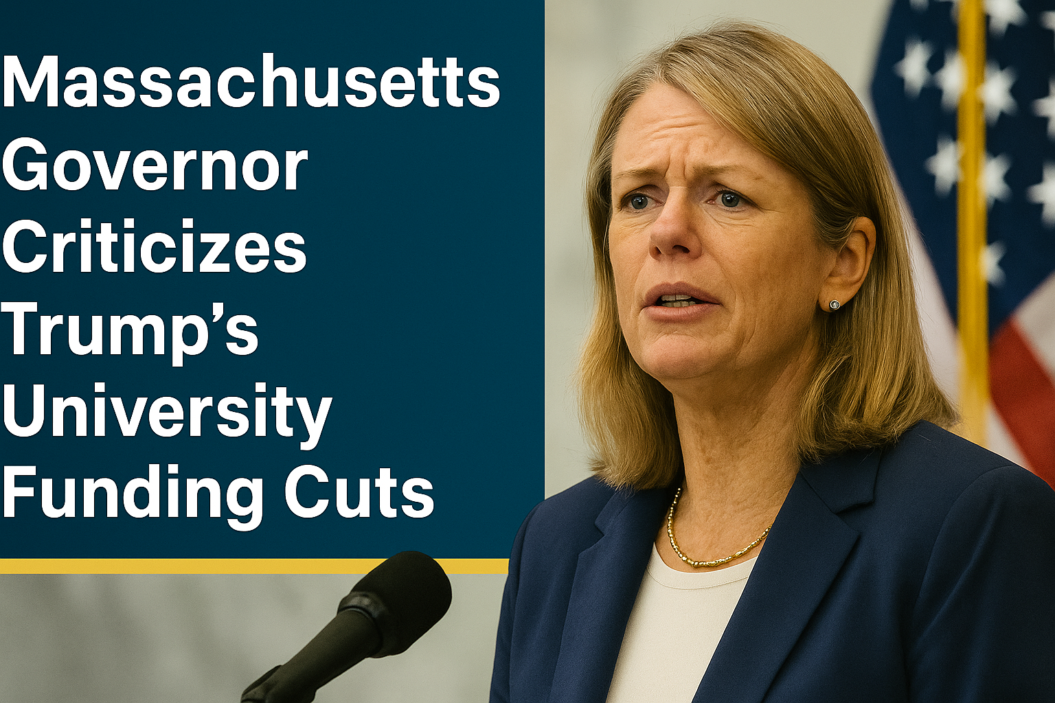"Massachusetts governor speaks out at a press conference against Trump university funding cuts, highlighting concerns over academic freedom."