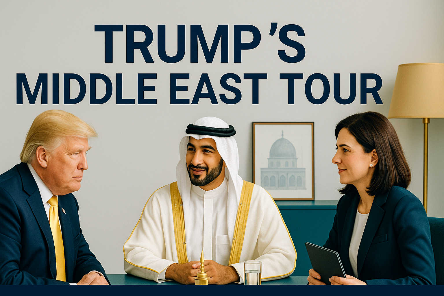 Three leaders in formal business and diplomatic attire meeting during Trump’s Middle East Tour 2025, symbolizing international diplomacy and cultural engagement.