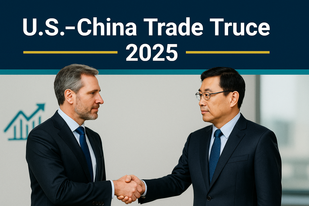 Two business leaders symbolizing U.S.-China Trade Truce 2025 shake hands in a professional setting under a headline banner with brand colors.