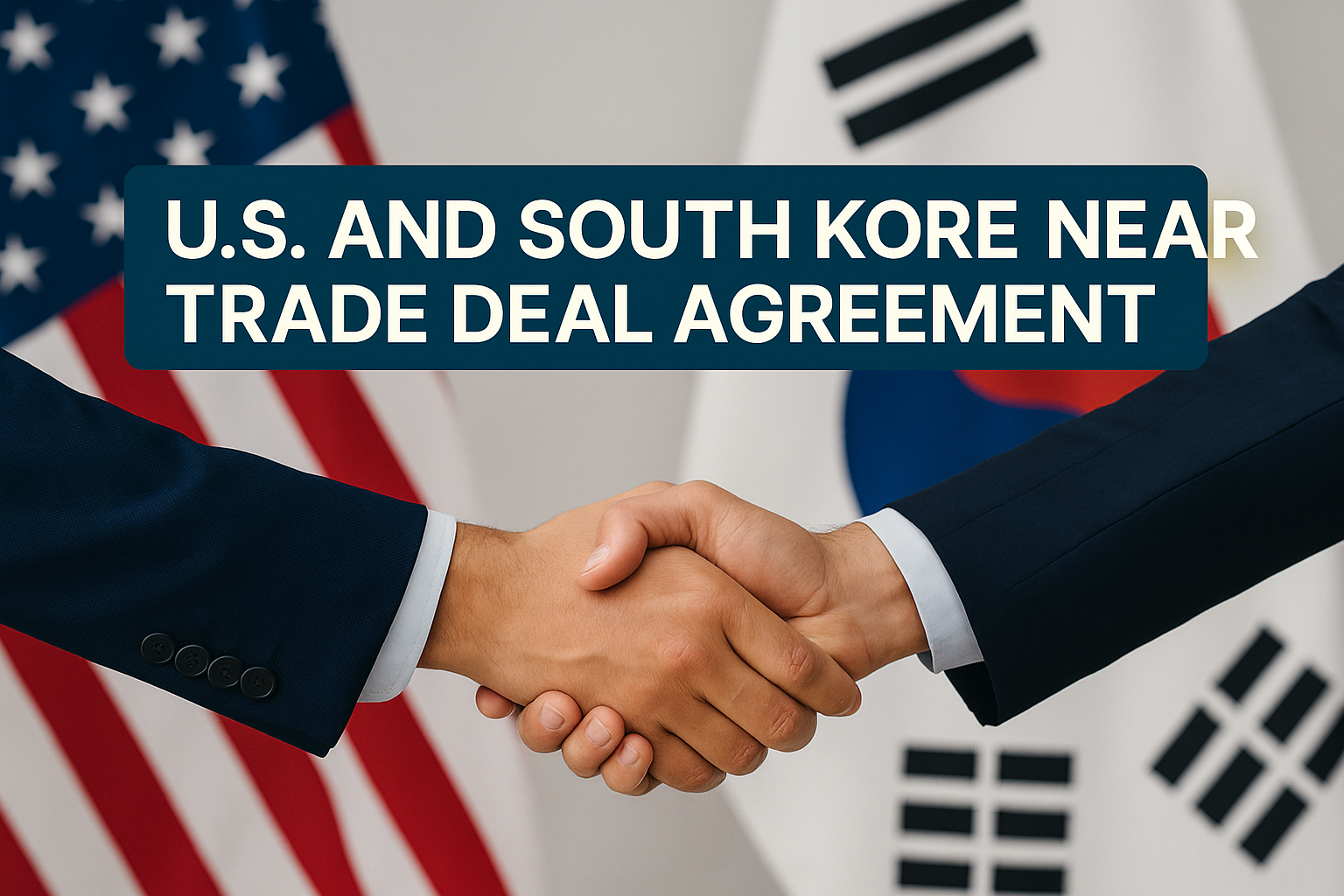 Two professionals shaking hands with U.S. and South Korean flags in the background, symbolizing the U.S.-South Korea trade deal 2025.