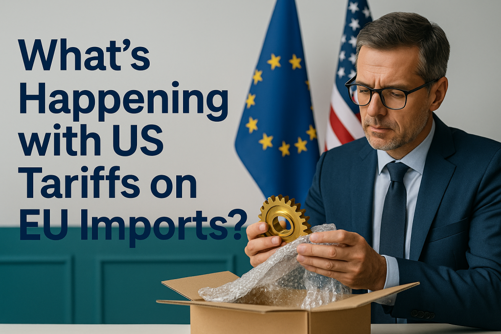 Businessman examining imported gear with US and EU flags in background, symbolizing trade tensions — US-EU tariffs discussion.
