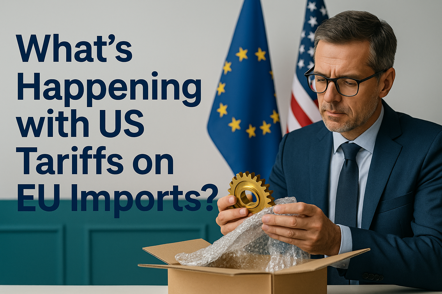 Businessman examining imported gear with US and EU flags in background, symbolizing trade tensions — US-EU tariffs discussion.
