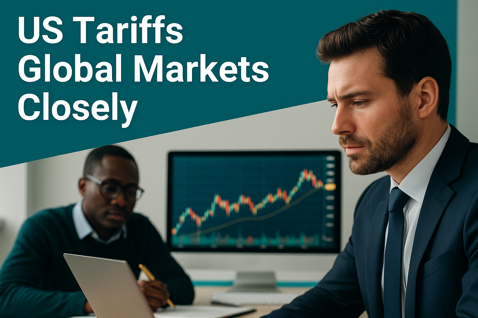 Two financial analysts review data on US tariffs, global markets respond, highlighting the economic impact of recent trade decisions.