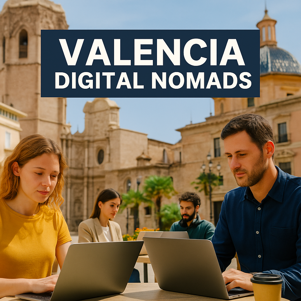 Valencia digital nomads working in a city café with laptops, surrounded by historic Spanish architecture and sunny plazas.
