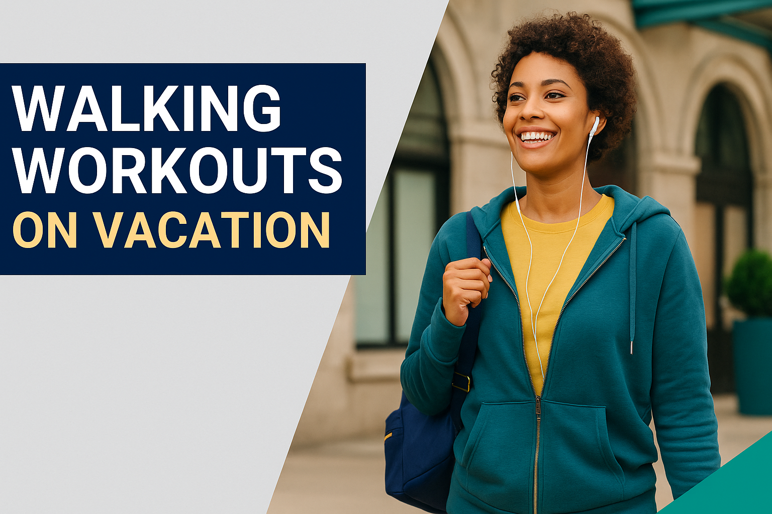 Smiling woman enjoying walking workouts on vacation in an urban travel setting, representing active lifestyle and travel wellness.
