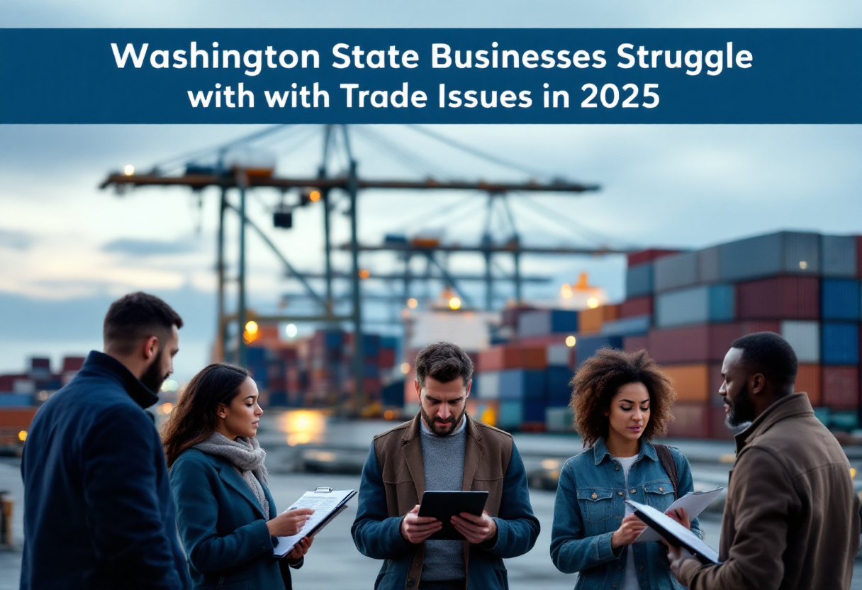 Washington State businesses face trade delays in 2025 at Seattle-Tacoma port with container ships offshore, frustrated professionals, and shipping manifests in hand