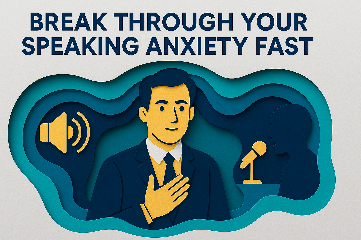 “Break Through Speaking Anxiety Fast” banner in 3D paper cut style featuring a confident professional speaking, with visual elements symbolizing speech and clarity — designed in navy blue, soft gold, teal, and light gray to support the focus keyphrase “break through speaking anxiety.”