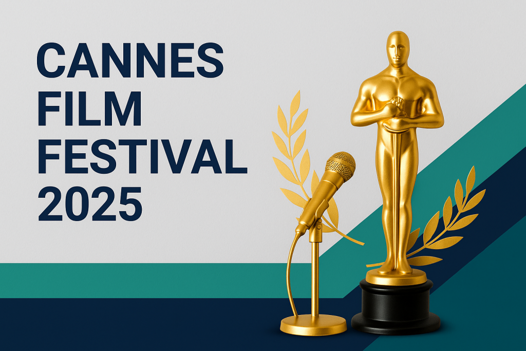 Golden film award statue and microphone with laurel leaves on a Cannes Film Festival 2025 banner using brand colors.
