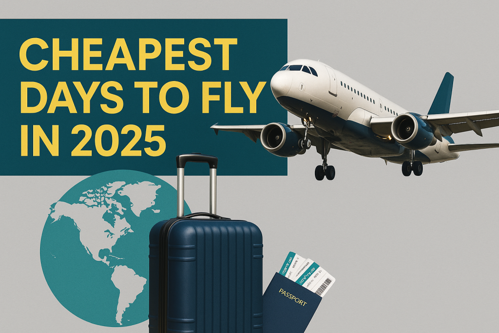 Wide promotional banner showing airplane, suitcase, and world map with the title "Cheapest Days to Fly in 2025" in bold gold font — perfect for an article about the cheapest days to fly in 2025.