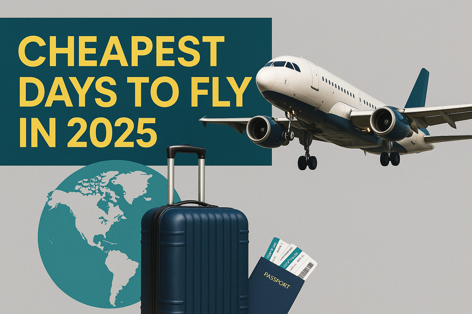 Wide promotional banner showing airplane, suitcase, and world map with the title "Cheapest Days to Fly in 2025" in bold gold font — perfect for an article about the cheapest days to fly in 2025.