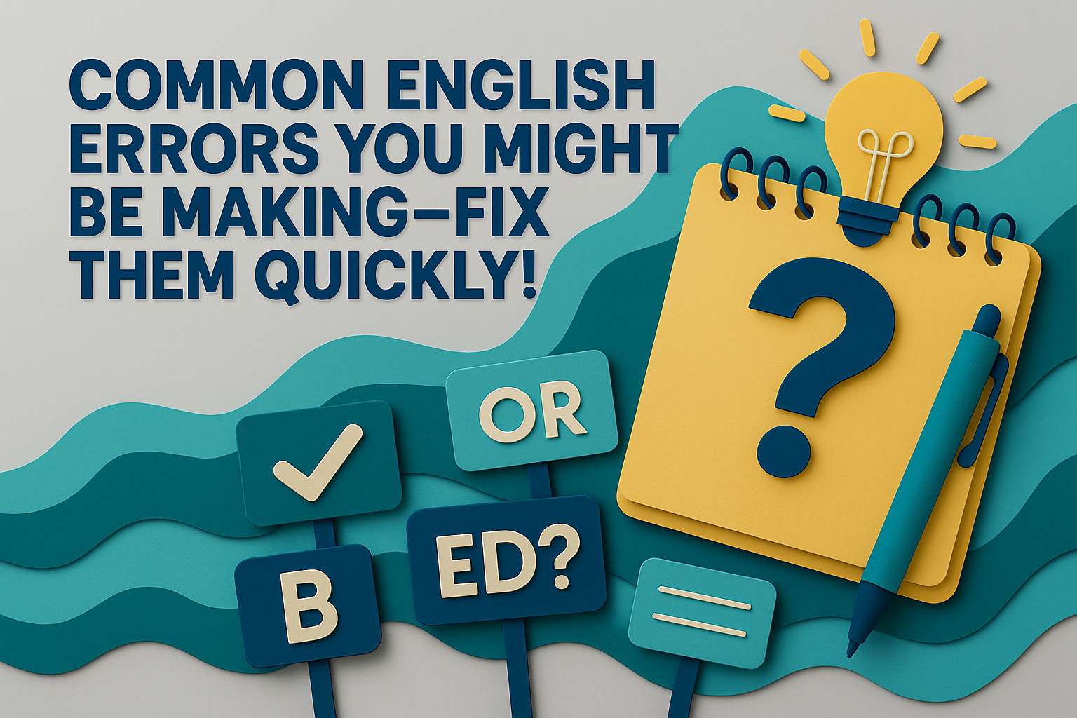 3D paper cut art showing common English errors like “B or ED?” and grammar symbols with the title “Common English Errors You Might Be Making—Fix Them Quickly!” in navy blue, matching All About English Mastery branding.