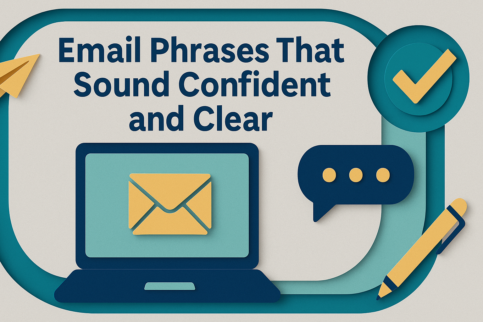 3D paper cut illustration showing a laptop, email icon, and speech bubble with the title “Email Phrases That Sound Confident and Clear” — designed in brand colors to support the focus keyphrase “confident email phrases.”