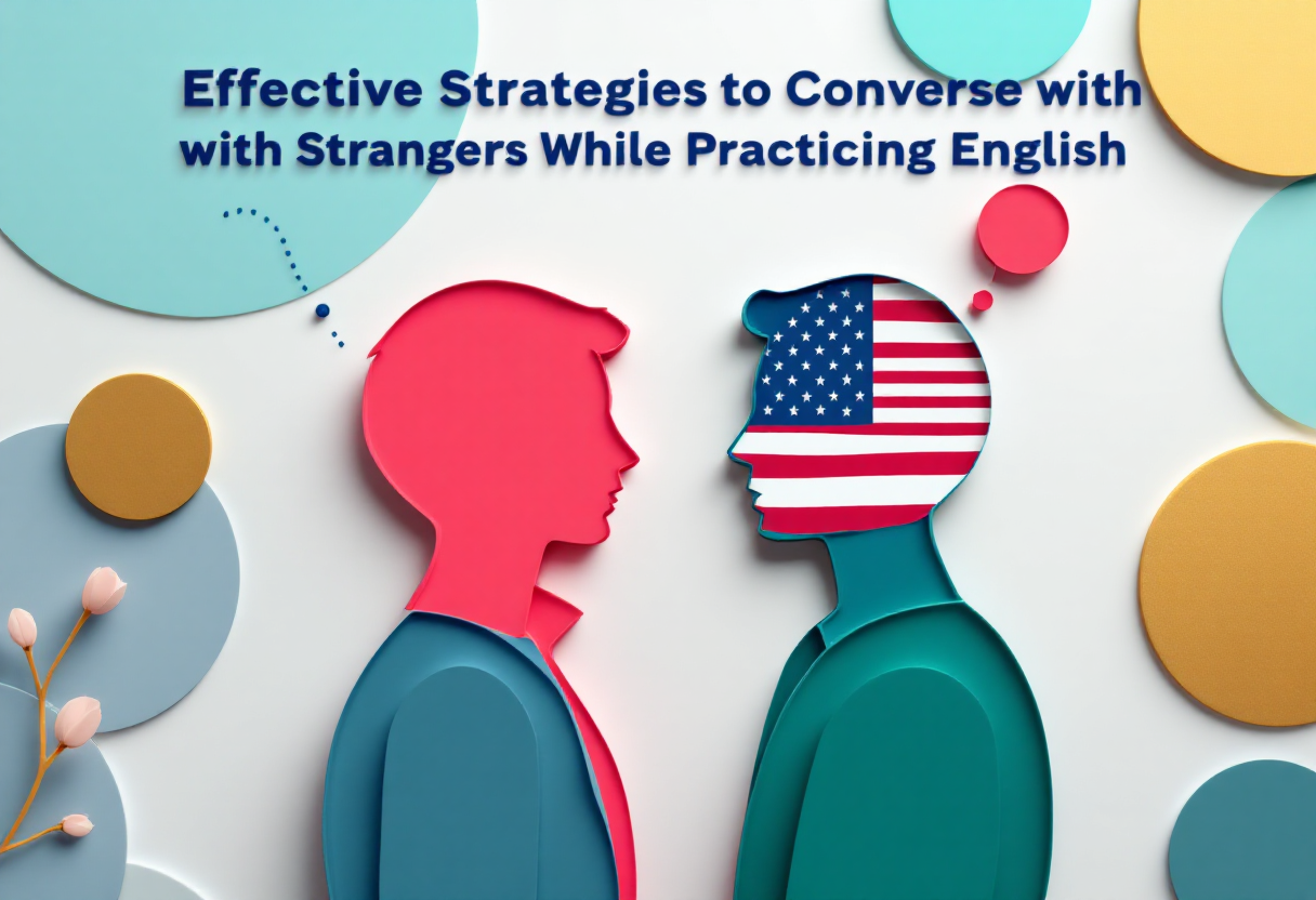 3D paper cut style illustration of two people facing each other, symbolizing English conversation. Includes the title text “Effective Strategies to Converse with Strangers While Practicing English” in Roboto Bold, using brand colors.