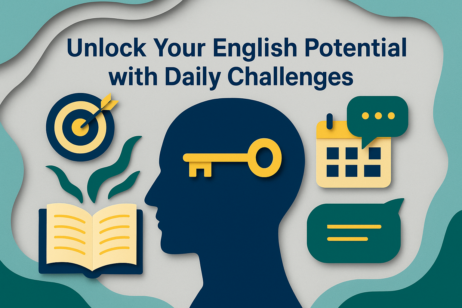 Banner image illustrating the concept of daily English challenges, featuring layered paper-cut visuals of a head silhouette with a key, book, calendar, and speech bubbles in navy blue, soft gold, teal, and light gray.