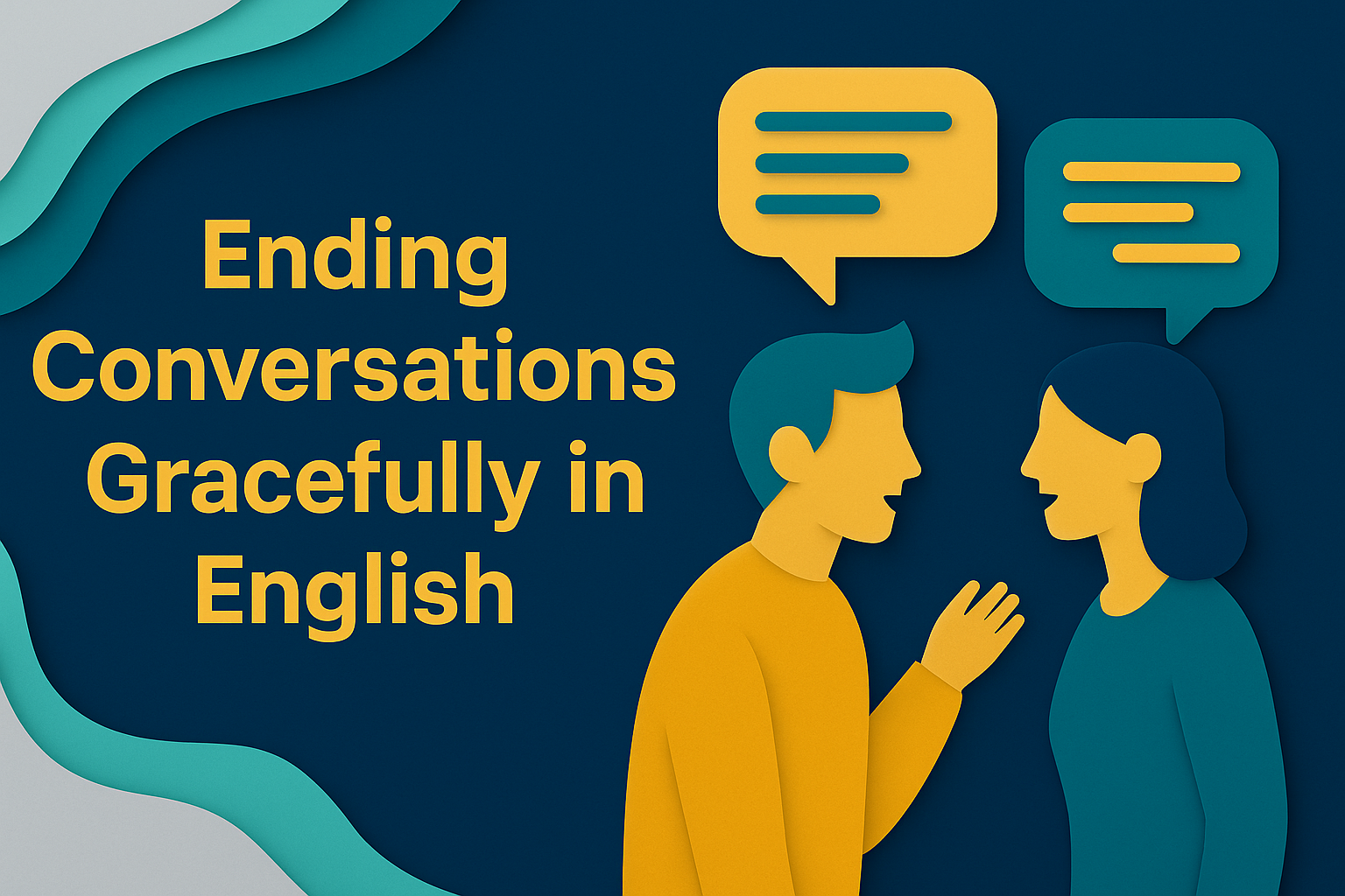 3D paper cut illustration of two people talking with speech bubbles, representing how to end conversations gracefully in English