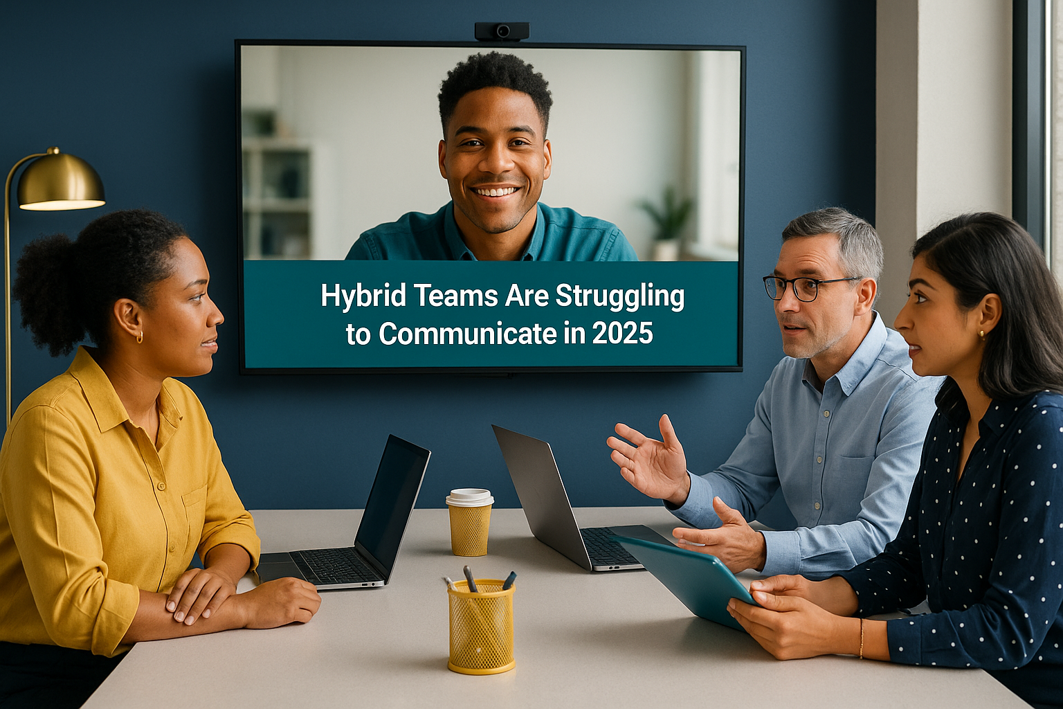 A hybrid team in a modern office meeting room with one member joining via video call, highlighting hybrid teams communication challenges in 2025.