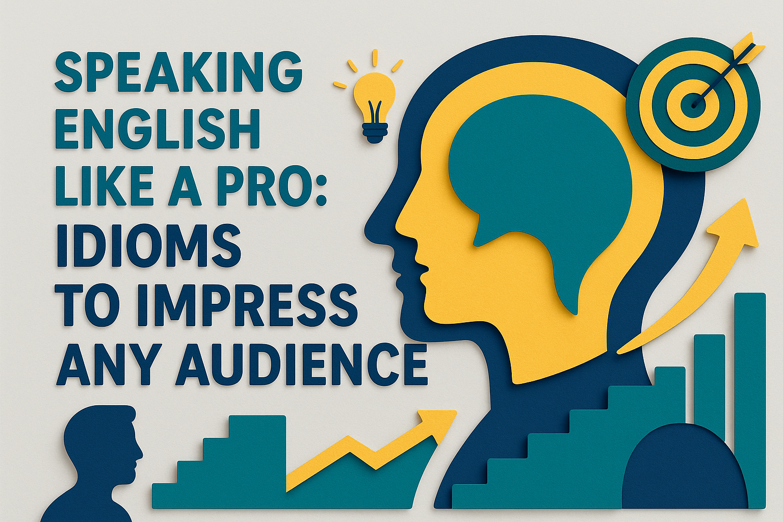 Banner image for the article “Speaking English Like a Pro: Idioms to Impress Any Audience,” featuring layered 3D paper cut shapes in navy blue, soft gold, and teal with visual metaphors for communication and success.
